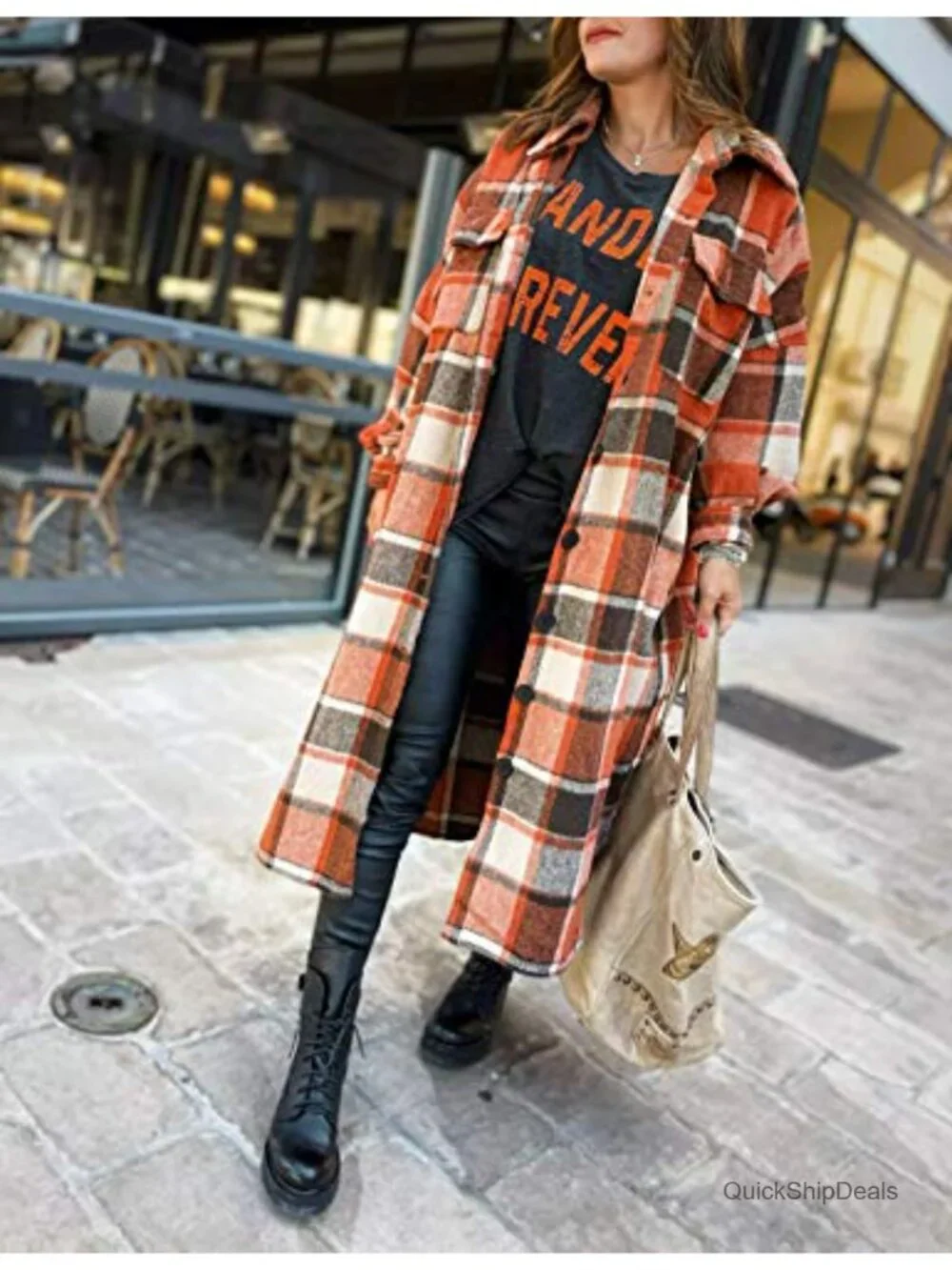 Wool Blend Plaid Flannel Trench Coat Women Button Down Long Shacket